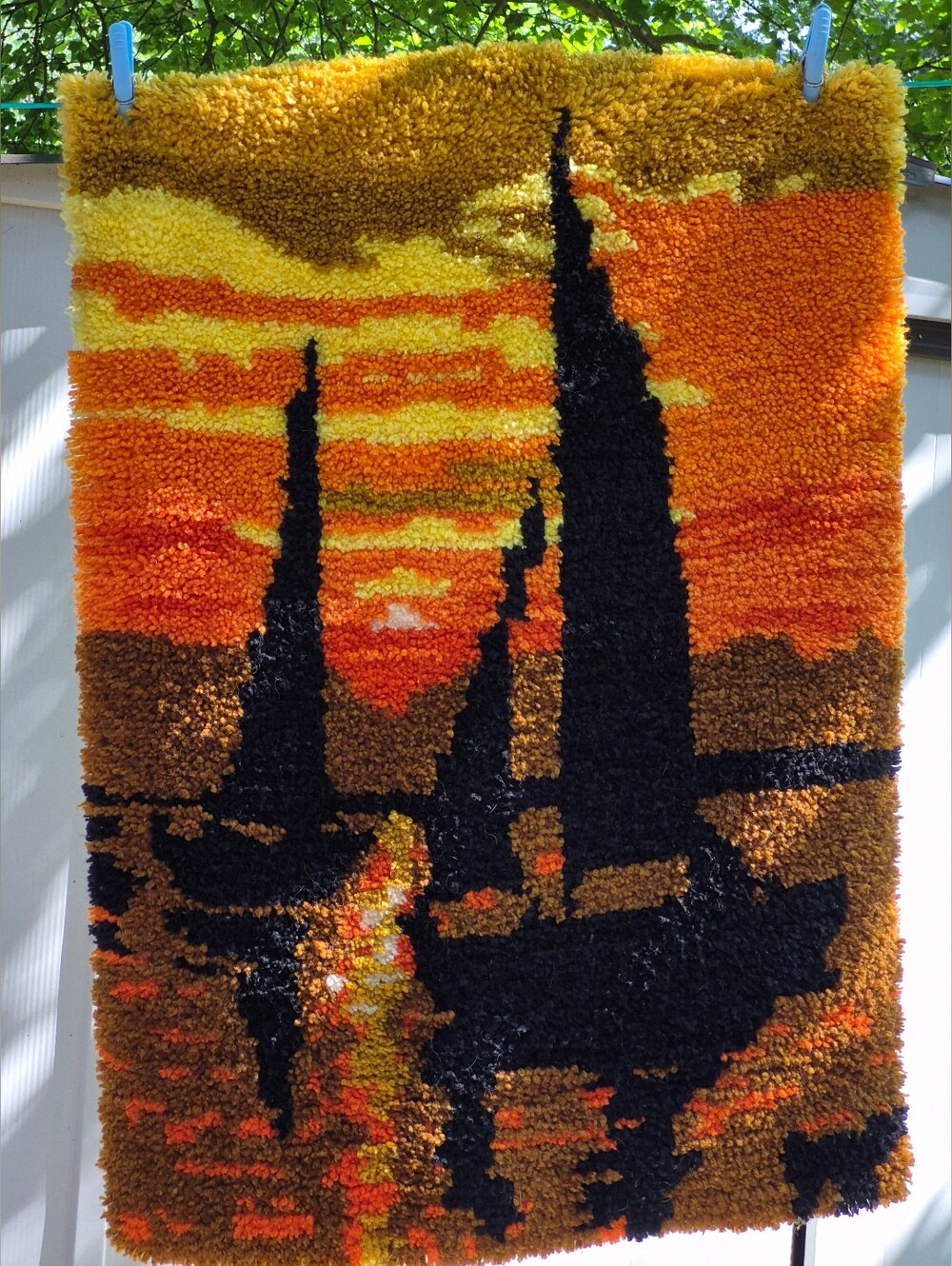 1970'S Sail Boat Sunset Latch Hook Wall Hanging